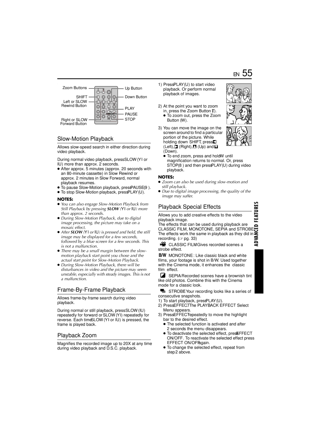 JVC GR-DVP10 manual Slow-Motion Playback, Frame-By-Frame Playback, Playback Special Effects 