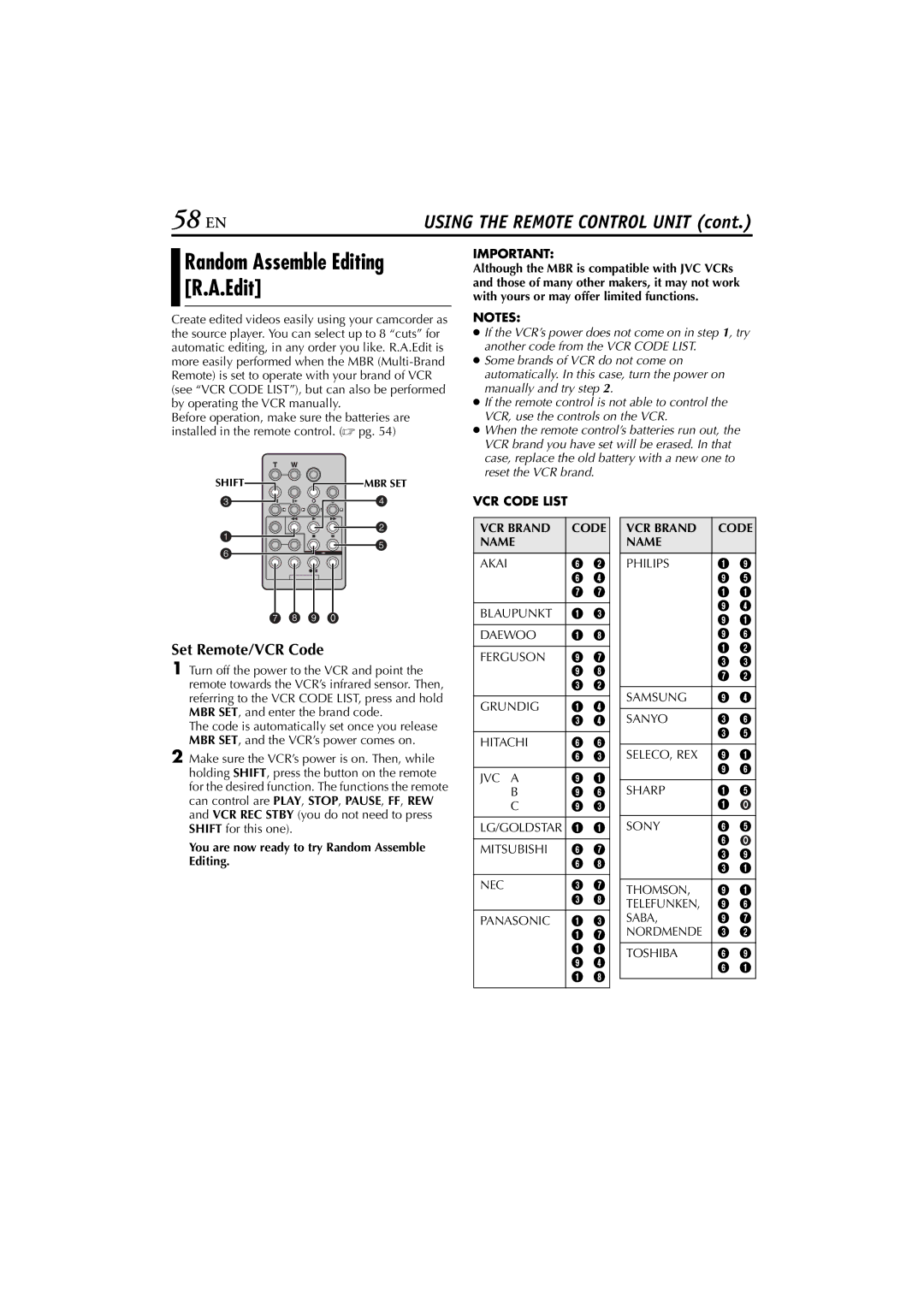 JVC GR-DVP10 manual 58 EN, Random Assemble Editing R.A.Edit, Set Remote/VCR Code, VCR Code List VCR Brand Name 