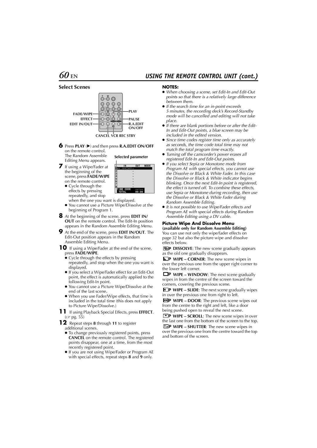 JVC GR-DVP10 manual 60 EN, Select Scenes 