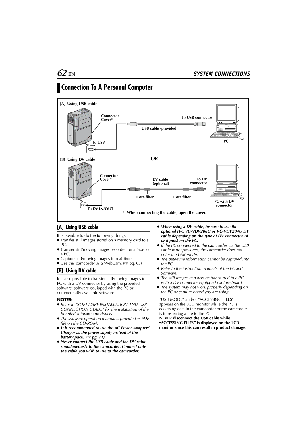 JVC GR-DVP10 manual 62 EN, Connection To a Personal Computer, Using USB cable, Using DV cable 