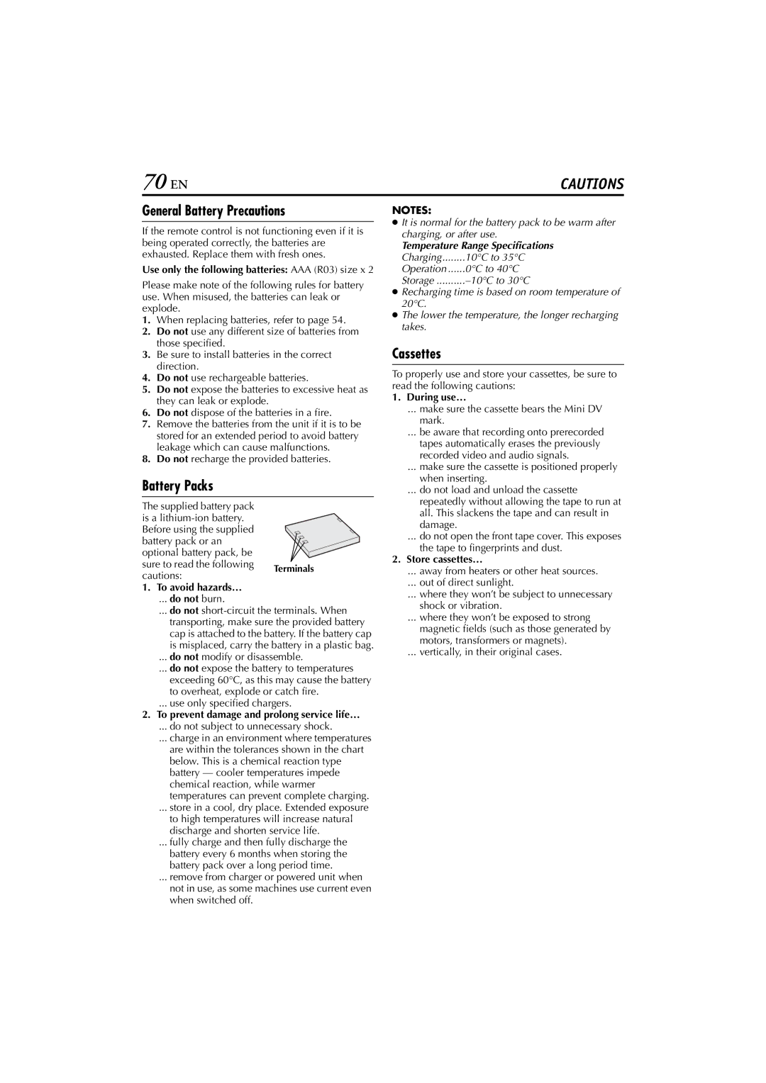 JVC GR-DVP10 manual 70 EN, General Battery Precautions, Battery Packs, Cassettes 