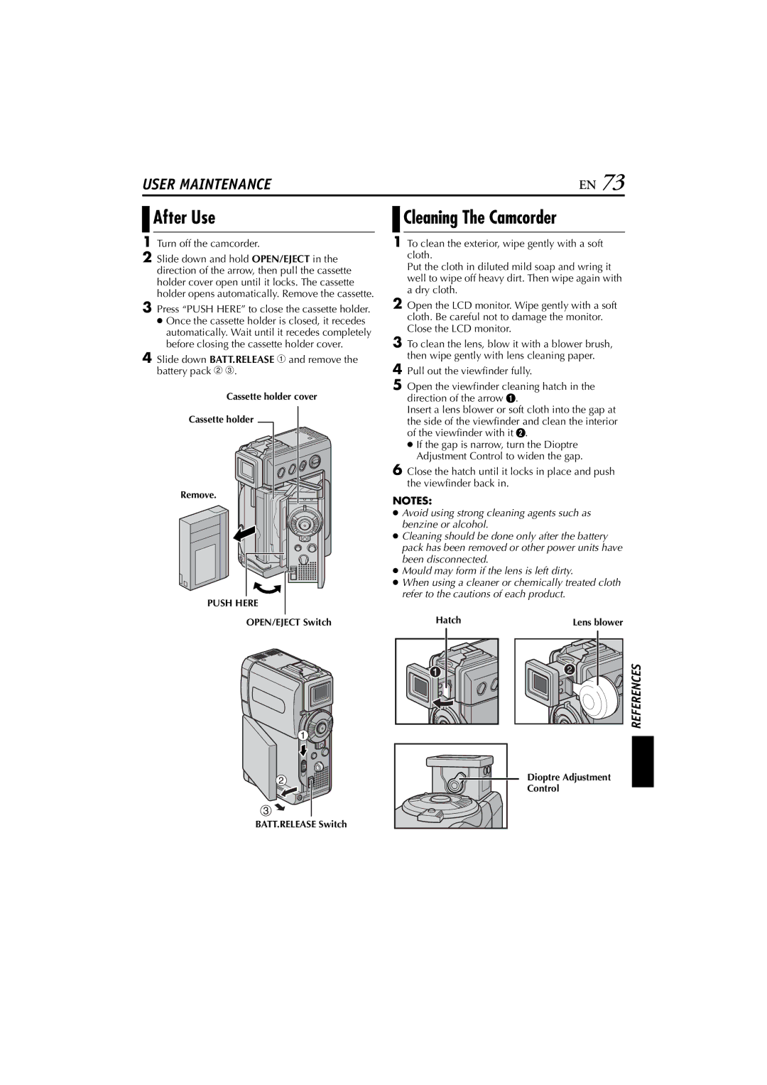 JVC GR-DVP10 manual After Use, Cleaning The Camcorder, Turn off the camcorder, Press Push Here to close the cassette holder 