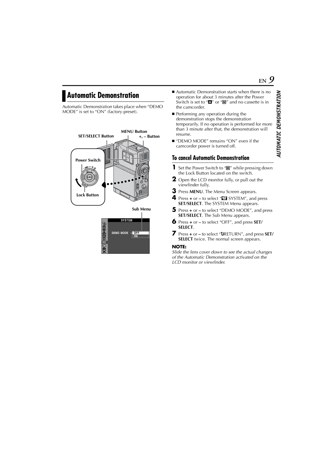 JVC GR-DVP10 manual Automatic Demonstration, Select 