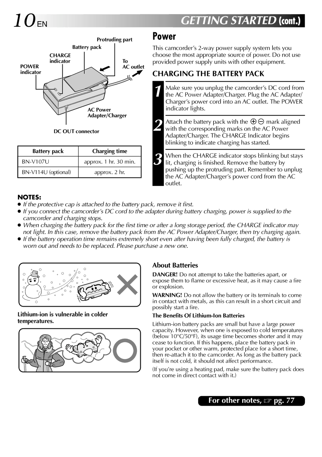 JVC GR-DVP3 Power, Charging the Battery Pack, About Batteries, Lithium-ion is vulnerable in colder temperatures 