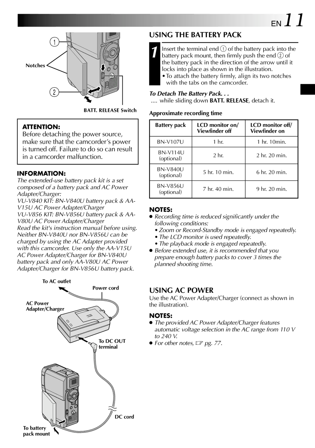 JVC GR-DVP3 specifications EN11, Using the Battery Pack, Using AC Power, Information, To Detach The Battery Pack 