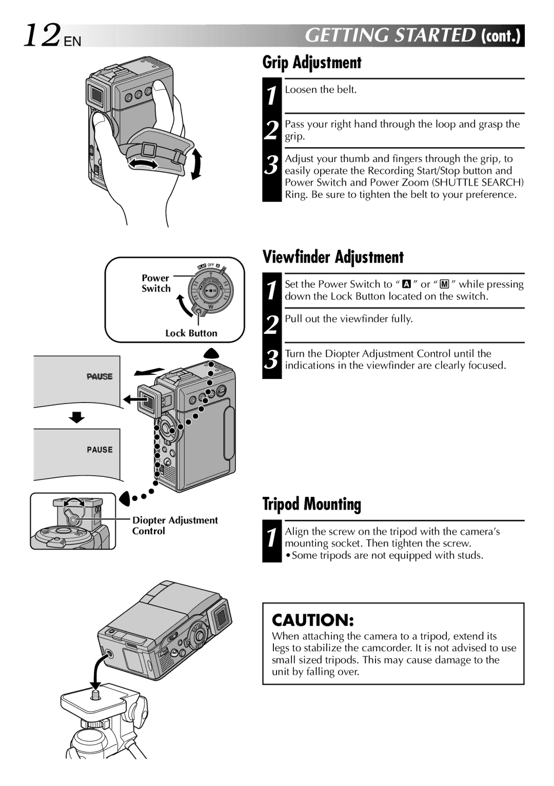 JVC GR-DVP3 specifications 12 EN, Grip Adjustment, Viewfinder Adjustment, Tripod Mounting 