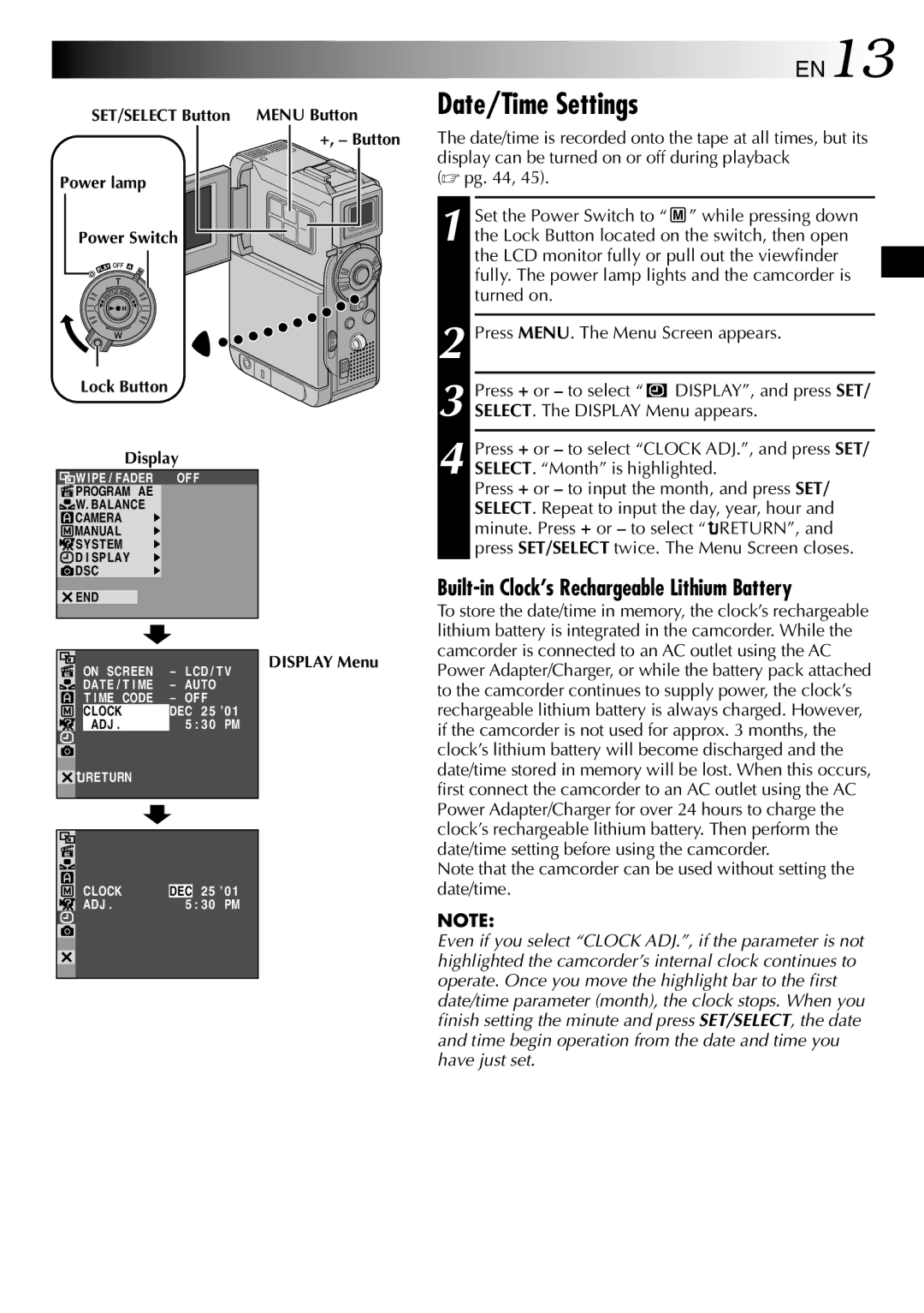 JVC GR-DVP3 specifications Date/Time Settings, EN13, Built-in Clock’s Rechargeable Lithium Battery 