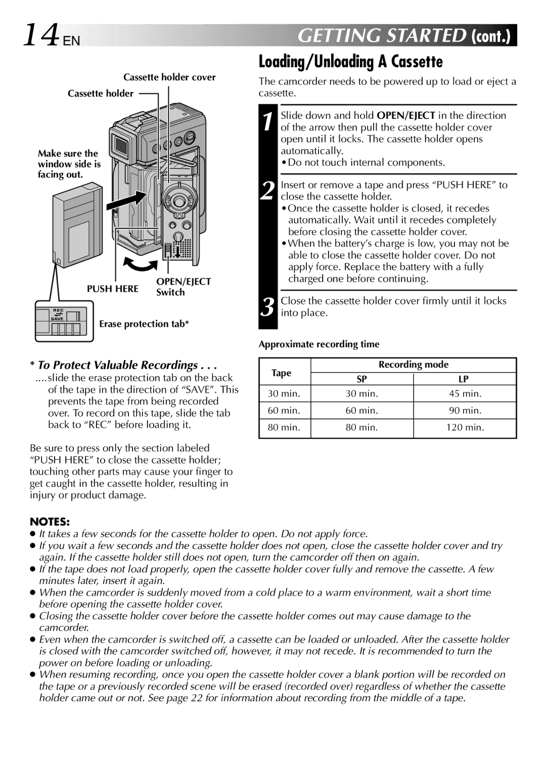 JVC GR-DVP3 specifications 14 EN, Loading/Unloading a Cassette, Slide the erase protection tab on the back 