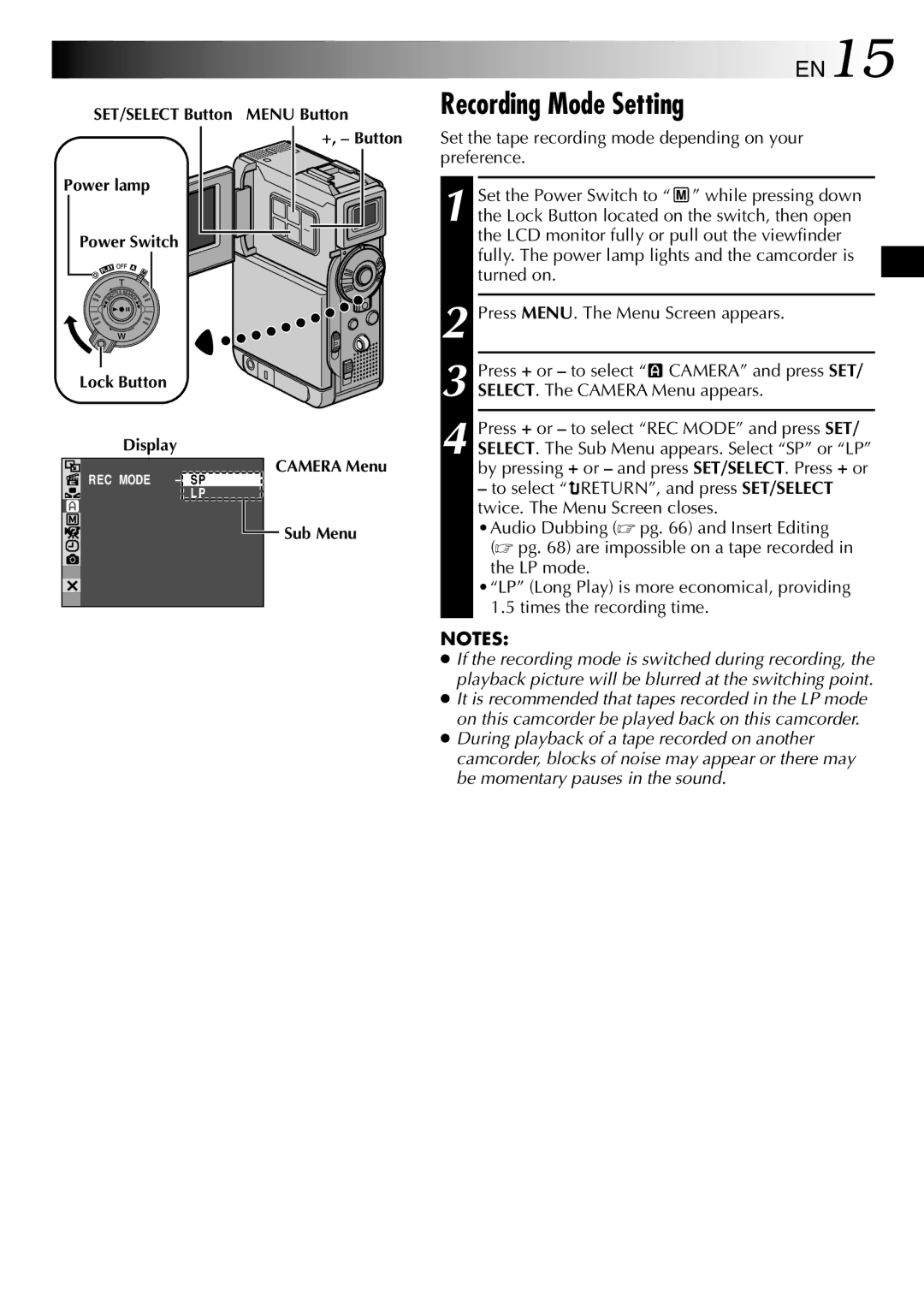 JVC GR-DVP3 specifications Recording Mode Setting, EN15 