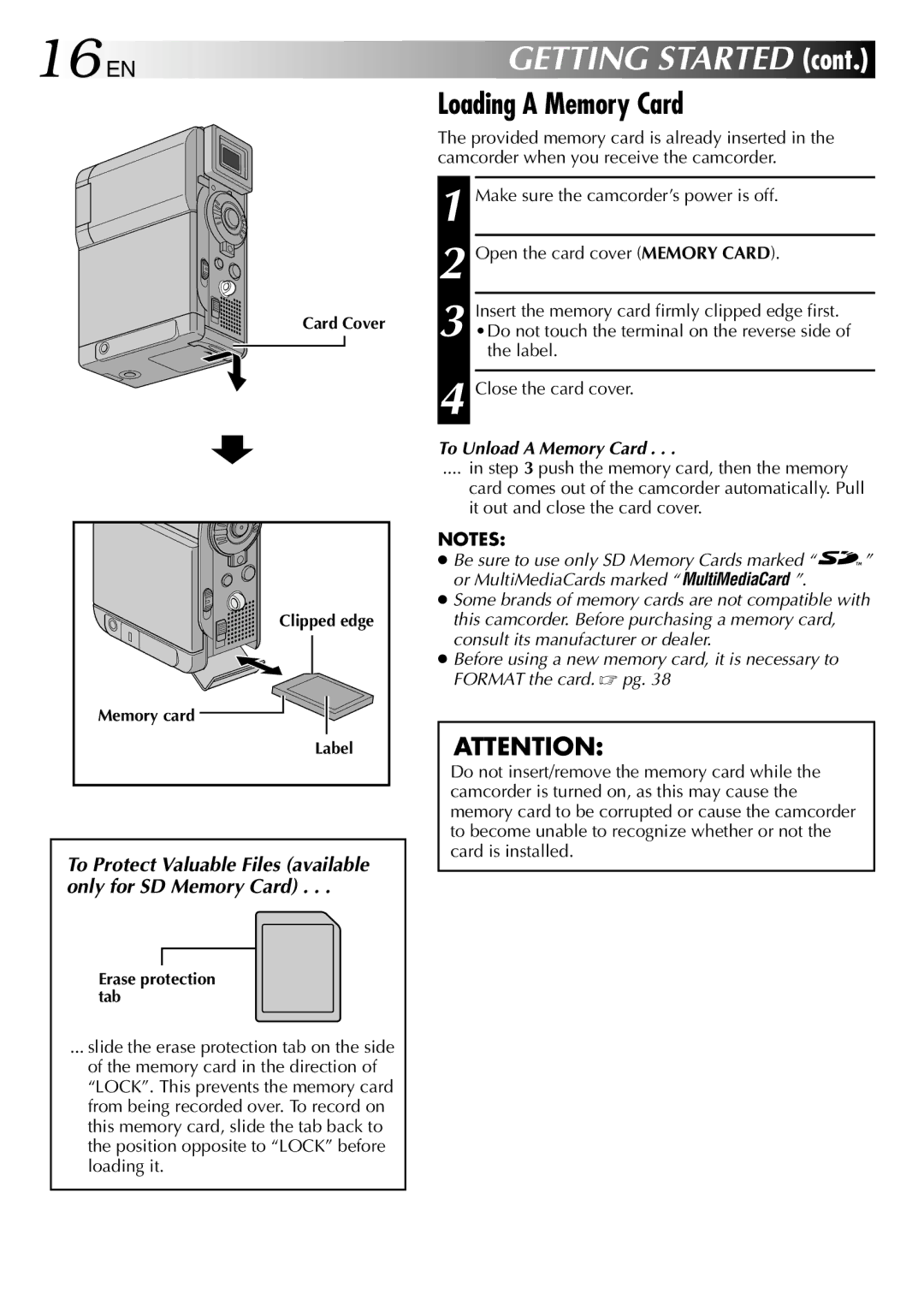 JVC GR-DVP3 specifications 16 EN, Loading a Memory Card, To Unload a Memory Card 