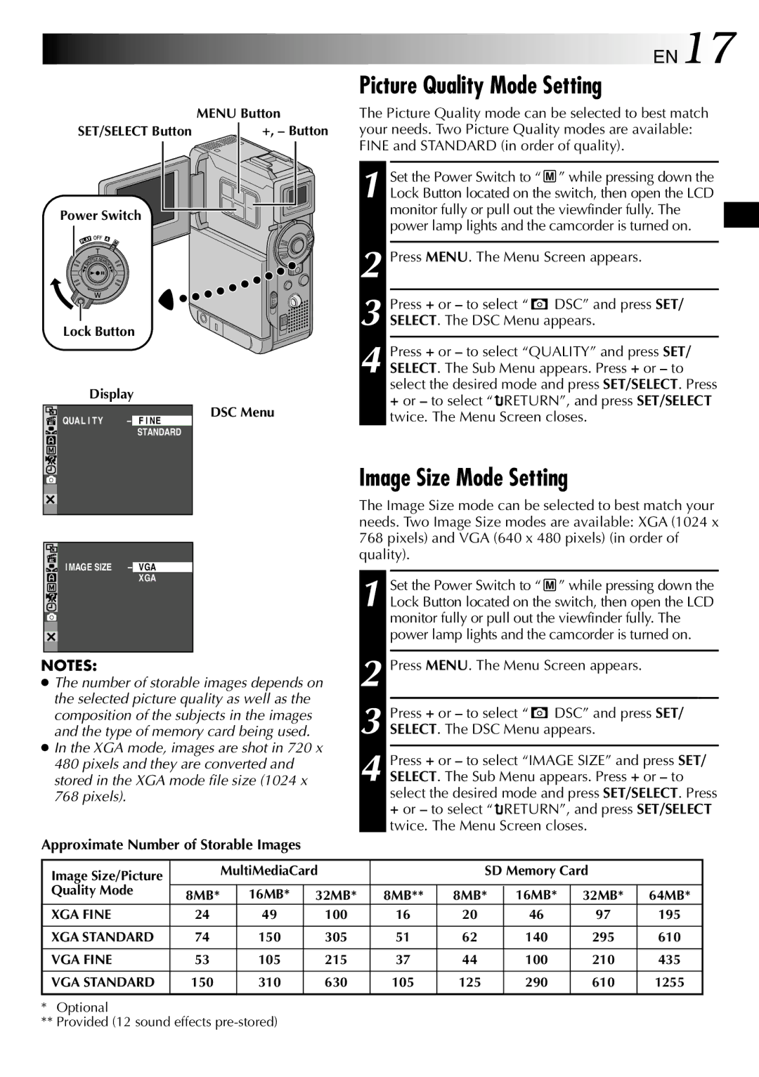 JVC GR-DVP3 Picture Quality Mode Setting, Image Size Mode Setting, EN17, Approximate Number of Storable Images 