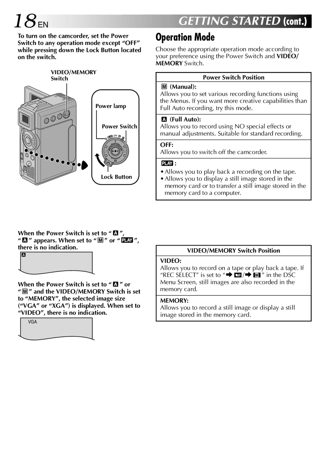 JVC GR-DVP3 specifications 18 EN, Operation Mode, Off, Video, Memory 