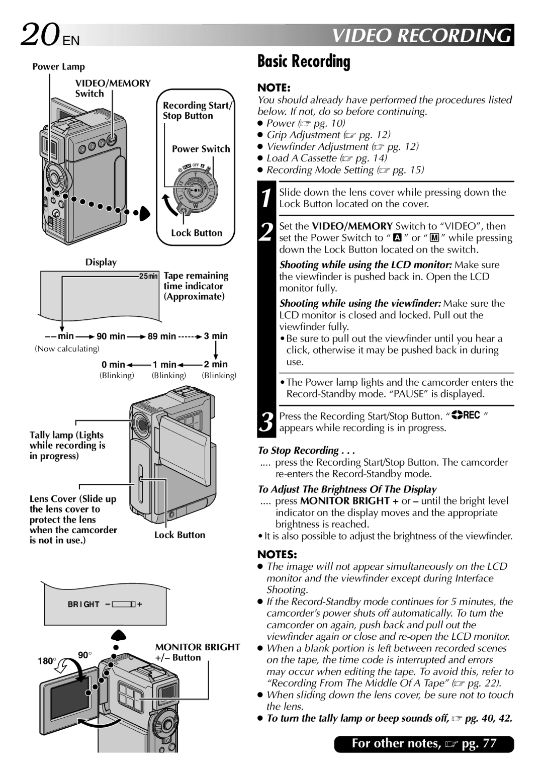 JVC GR-DVP3 specifications 20 EN, Basic Recording, To Stop Recording, To Adjust The Brightness Of The Display 