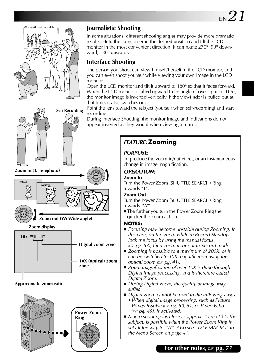 JVC GR-DVP3 specifications EN21, Journalistic Shooting, Interface Shooting, Zoom Out 