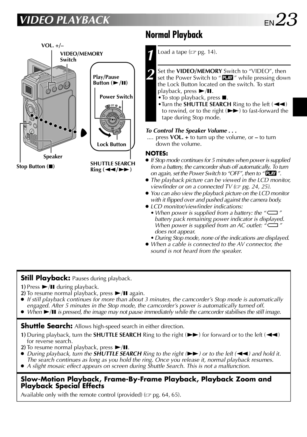 JVC GR-DVP3 Normal Playback, EN23, To Control The Speaker Volume, Available only with the remote control provided  pg 