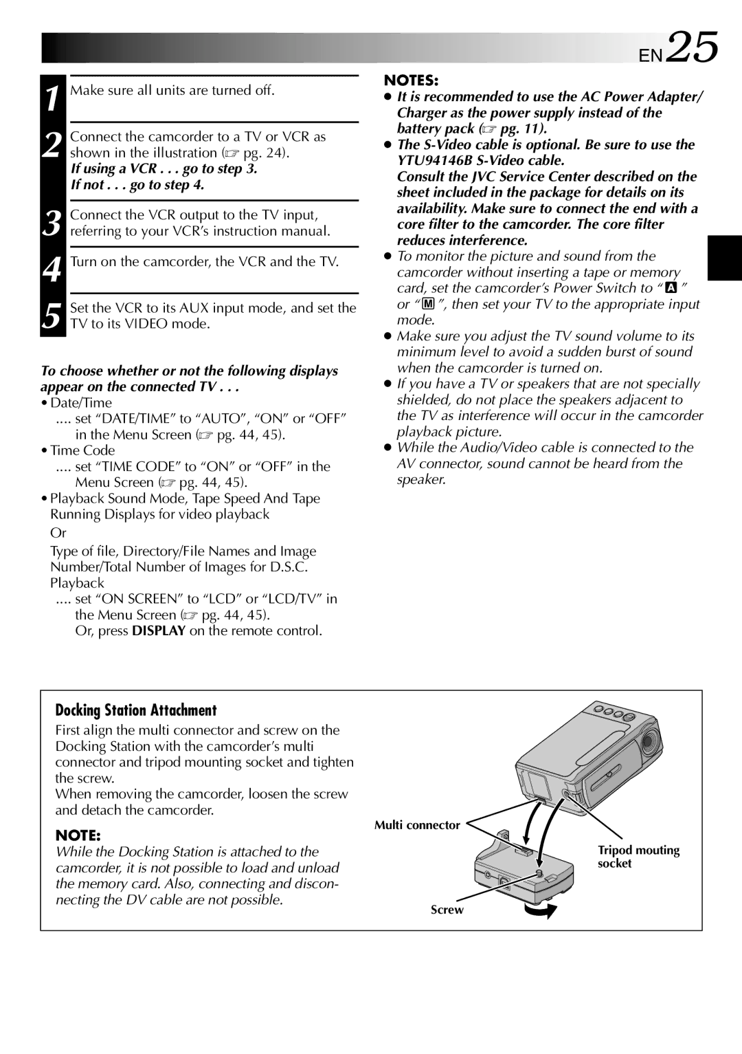 JVC GR-DVP3 specifications EN25, Docking Station Attachment 