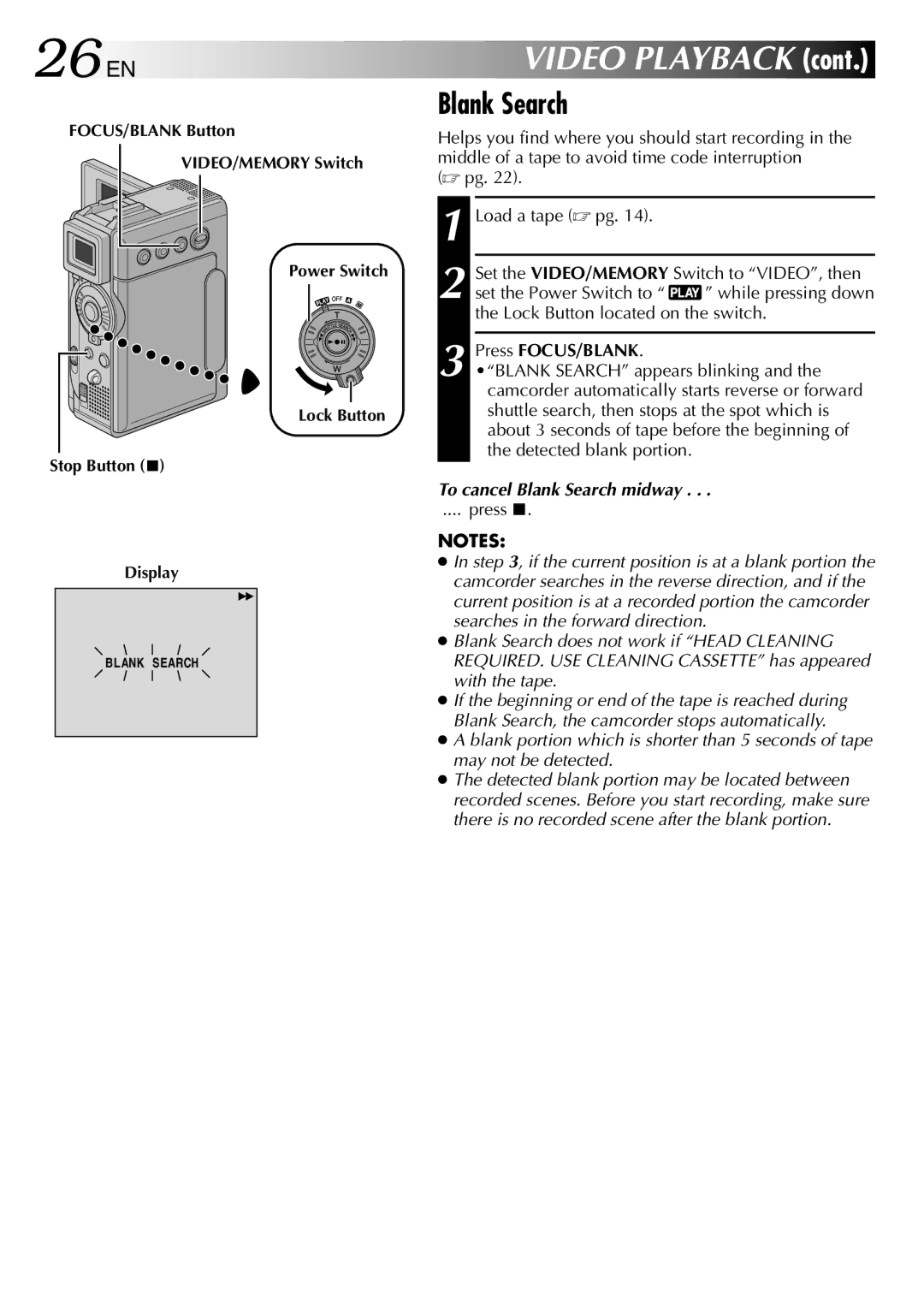 JVC GR-DVP3 specifications 26 EN, Press FOCUS/BLANK, To cancel Blank Search midway 