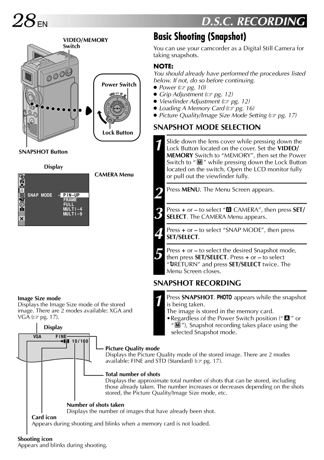 JVC GR-DVP3 specifications 28 EN, Basic Shooting Snapshot, Snapshot Mode Selection, Snapshot Recording, Set/Select 