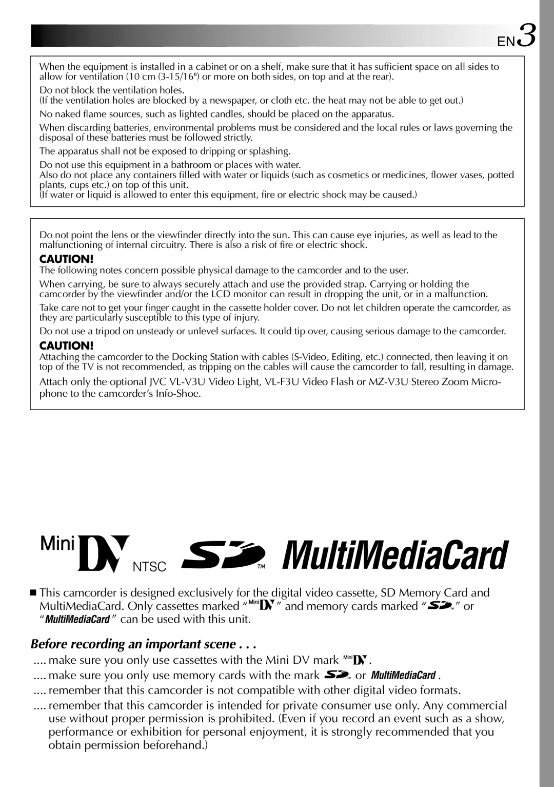 JVC GR-DVP3 specifications Before recording an important scene 