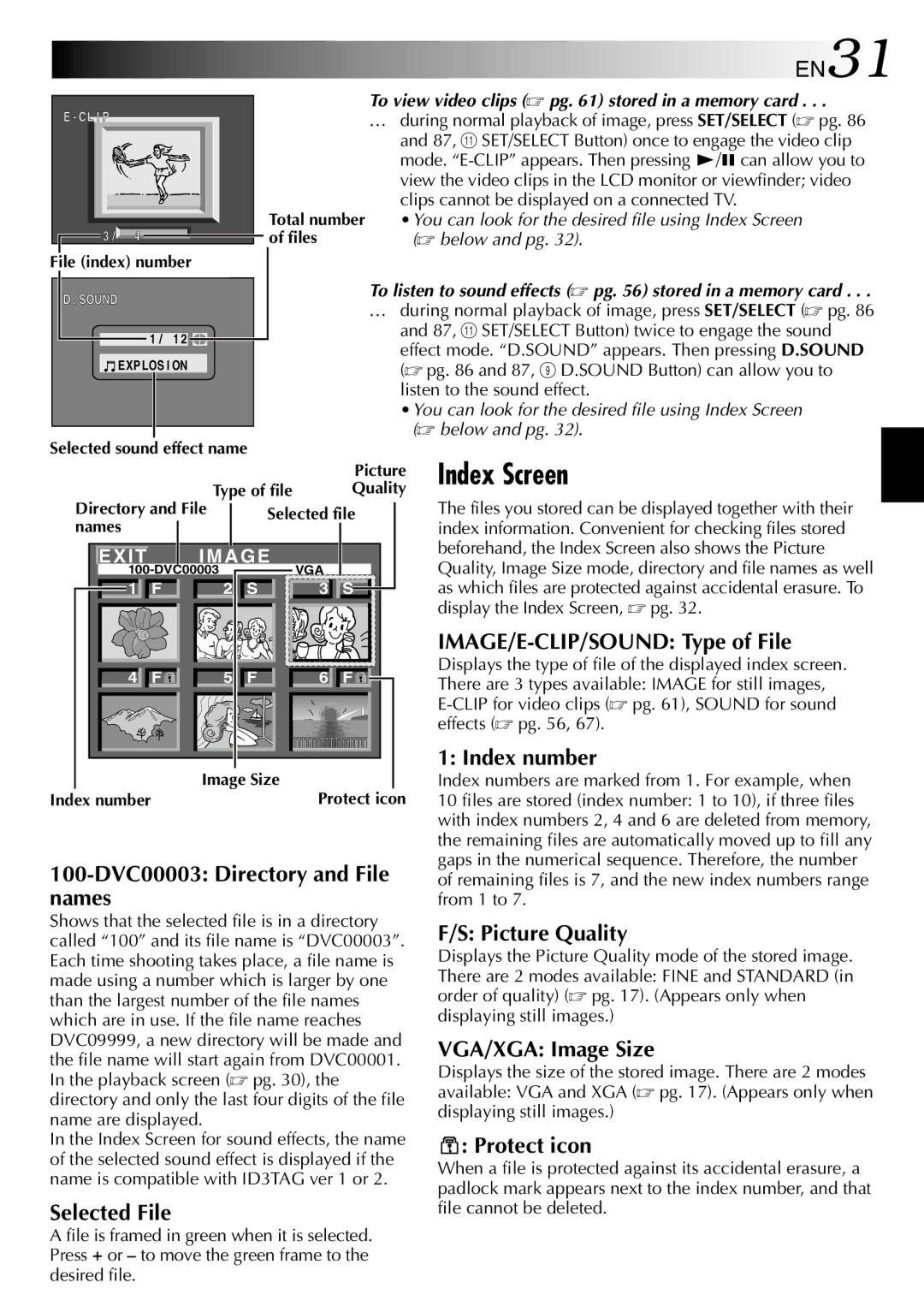 JVC GR-DVP3 100-DVC00003 Directory and File names, Selected File, IMAGE/E-CLIP/SOUND Type of File, Index number 