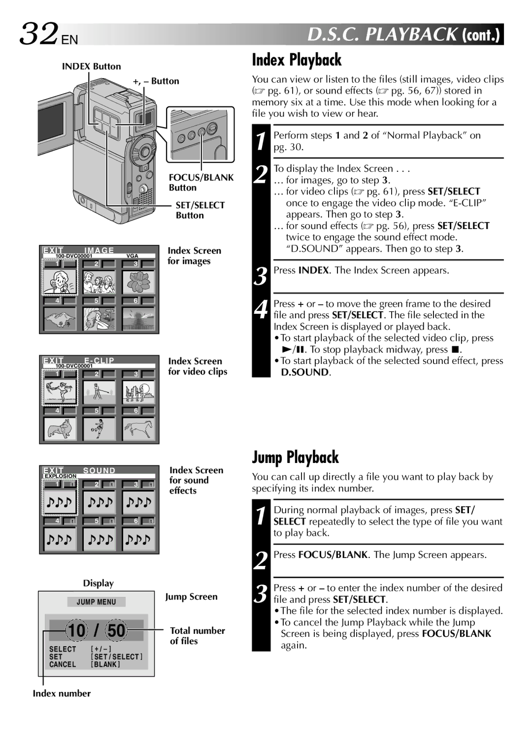 JVC GR-DVP3 specifications 32 EN, Index Playback, Jump Playback, Again 