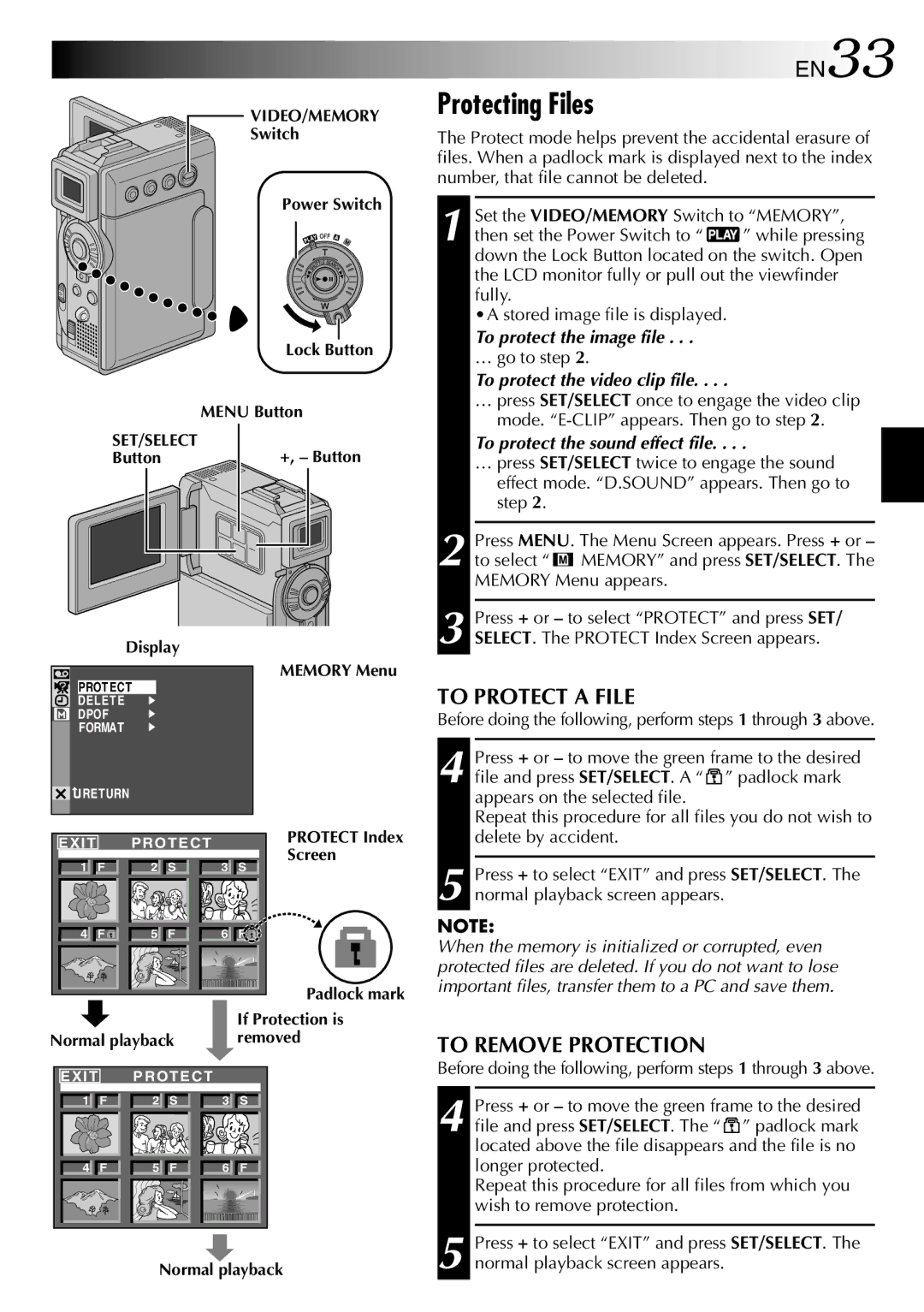 JVC GR-DVP3 specifications EN33, To Remove Protection 