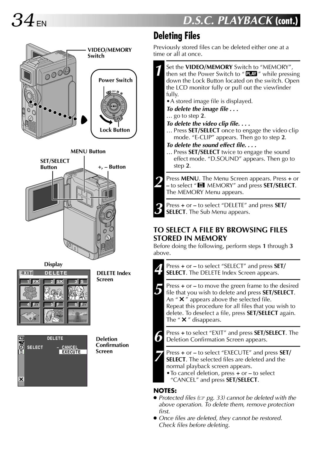 JVC GR-DVP3 specifications 34 EN, Deleting Files, To Select a File by Browsing Files Stored in Memory 