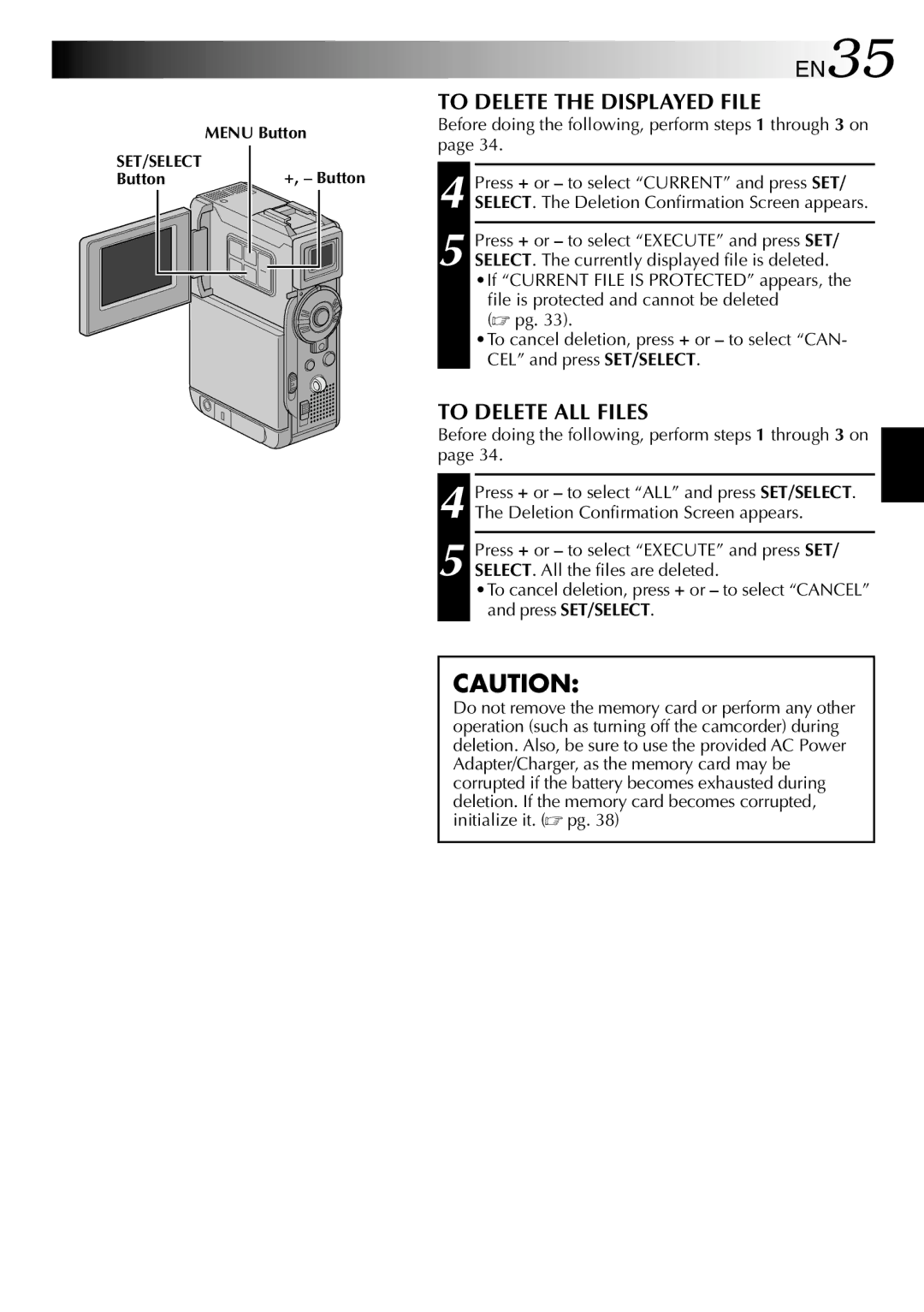 JVC GR-DVP3 specifications EN35, To Delete the Displayed File, To Delete ALL Files 