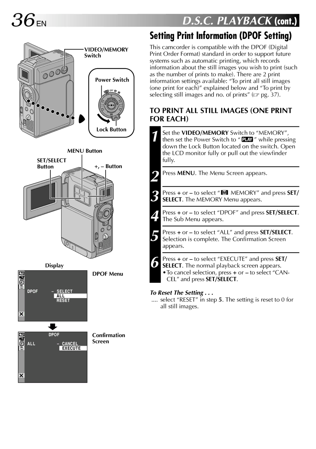 JVC GR-DVP3 specifications 36 EN, To Print ALL Still Images ONE Print for Each, To Reset The Setting 