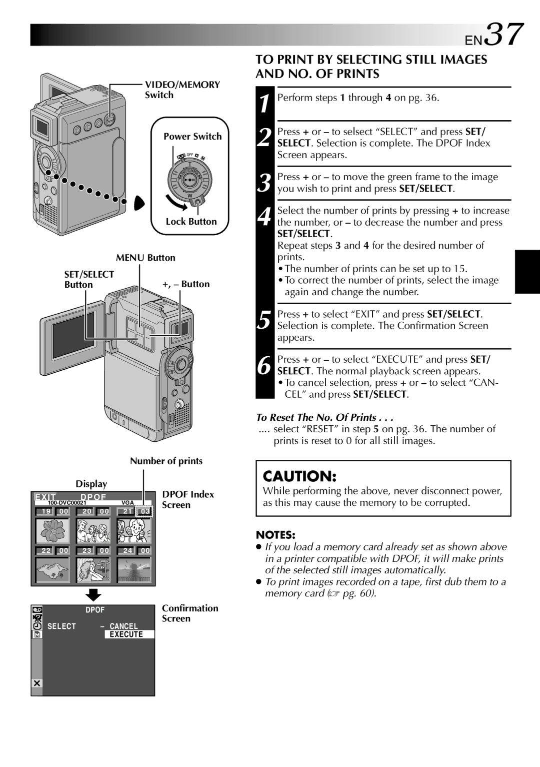 JVC GR-DVP3 specifications EN37, To Print by Selecting Still Images and NO. of Prints, To Reset The No. Of Prints 