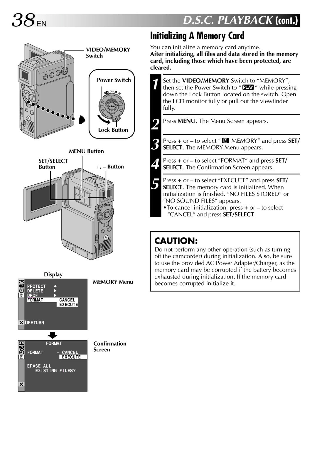 JVC GR-DVP3 specifications 38 EN, Initializing a Memory Card, You can initialize a memory card anytime 