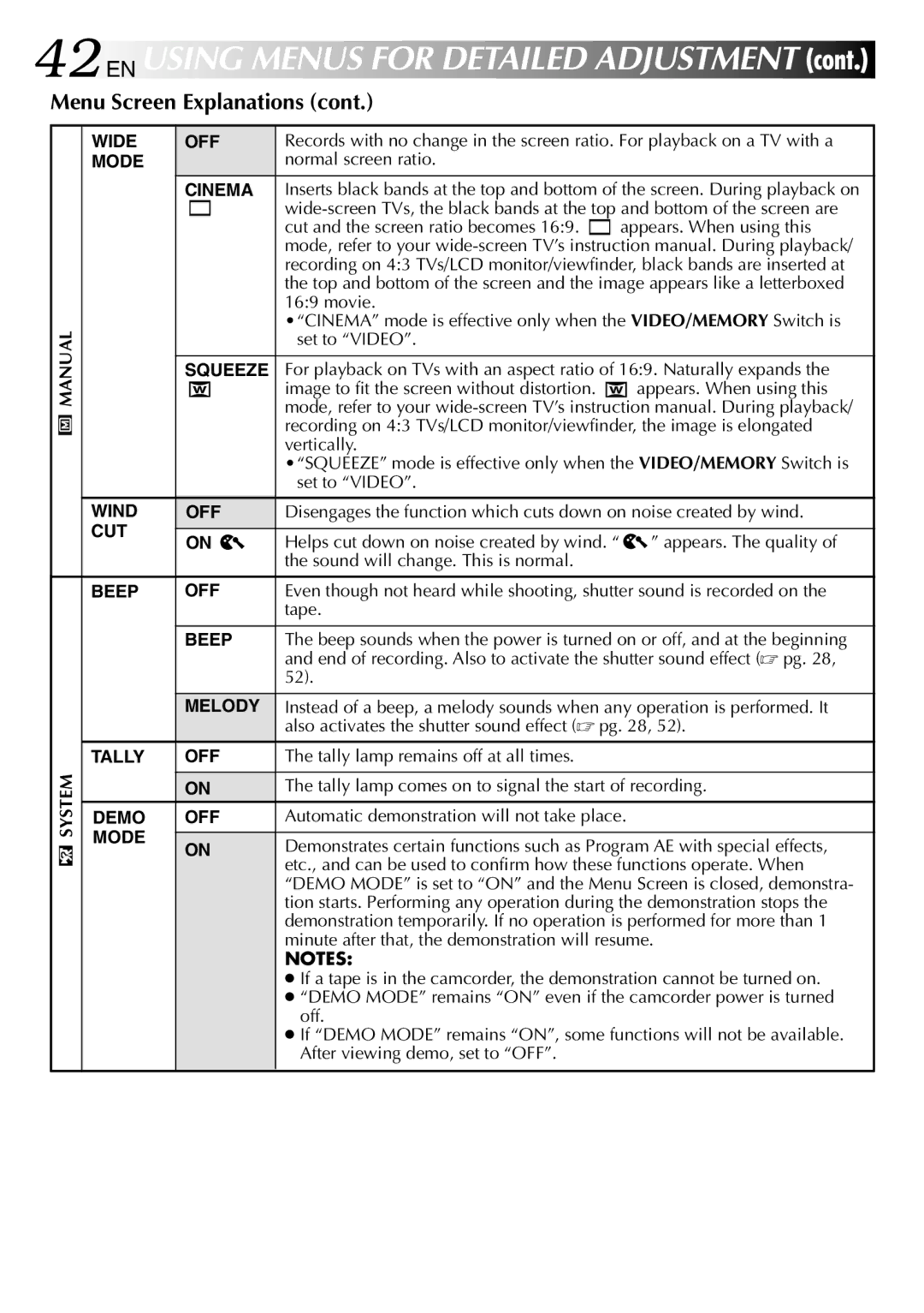 JVC GR-DVP3 specifications Manual System Wide OFF 