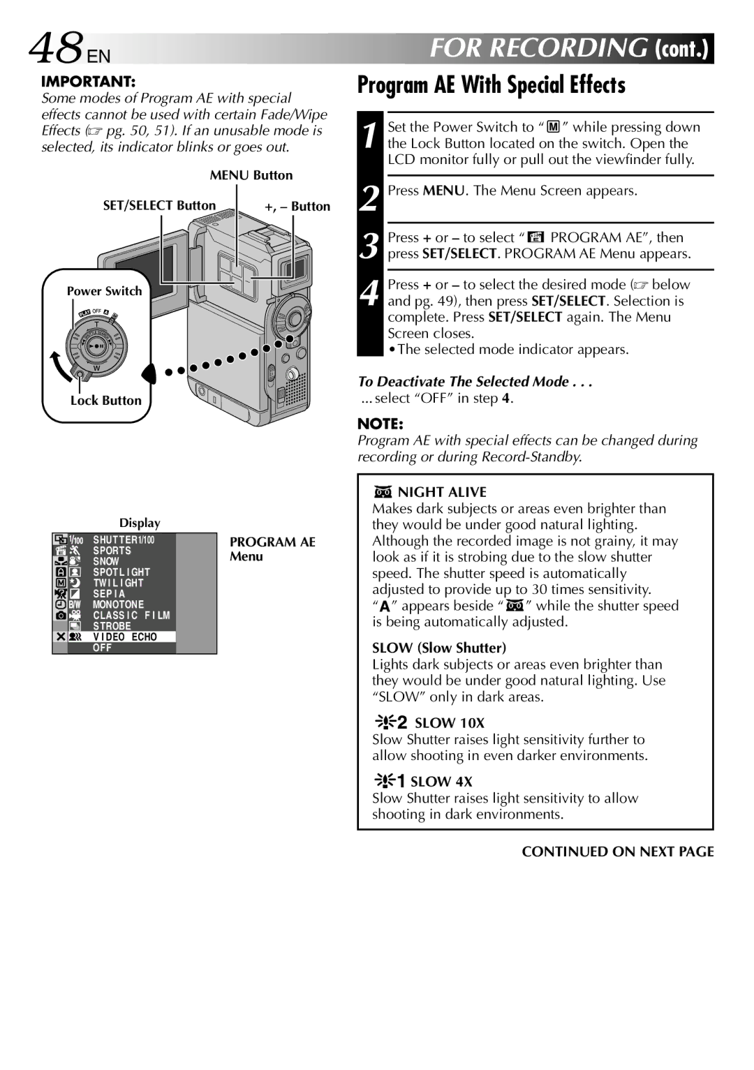 JVC GR-DVP3 specifications 48 EN, Program AE With Special Effects, To Deactivate The Selected Mode, Night Alive, Slow 