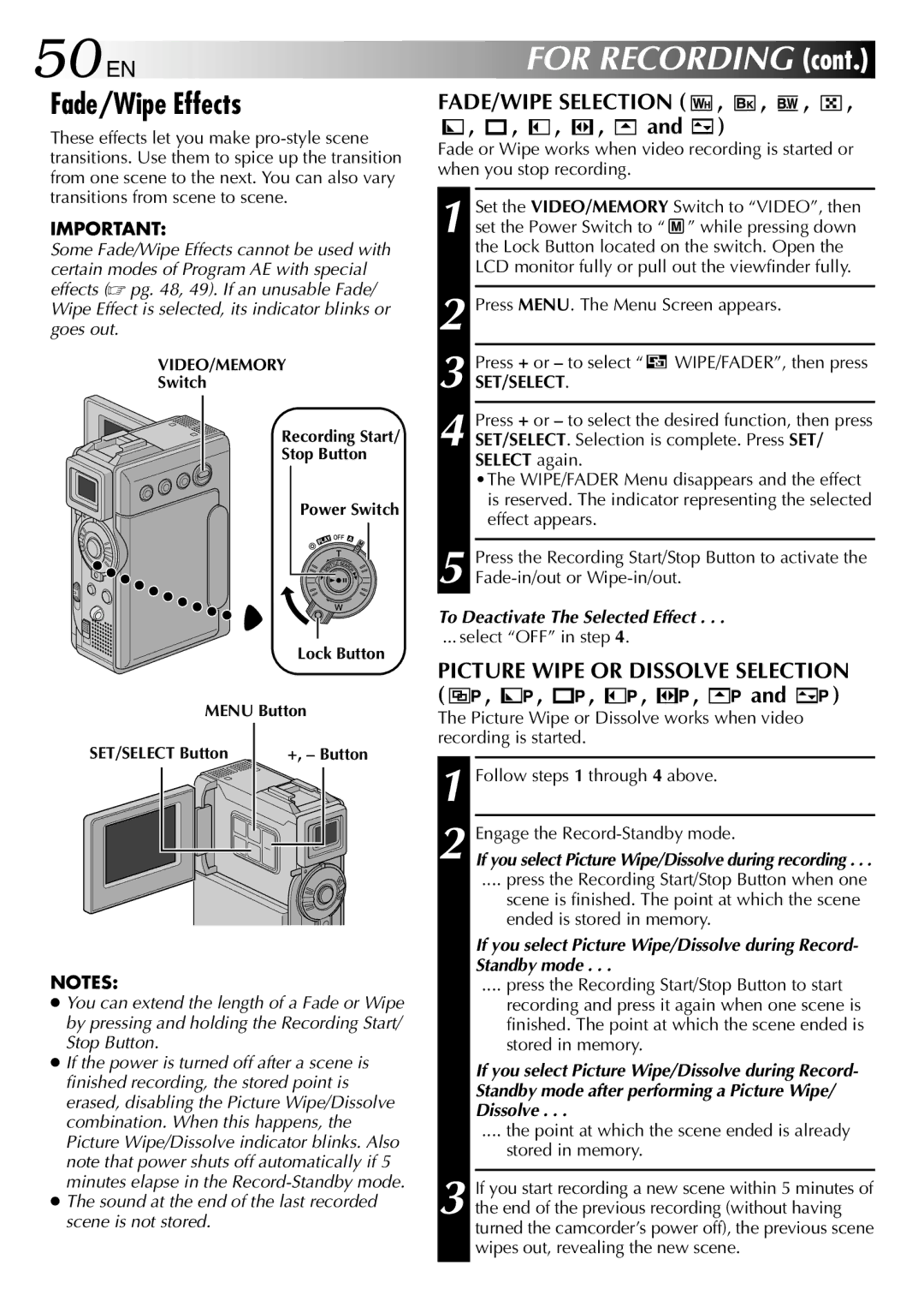 JVC GR-DVP3 specifications 50 EN, Fade/Wipe Effects, FADE/WIPE Selection 