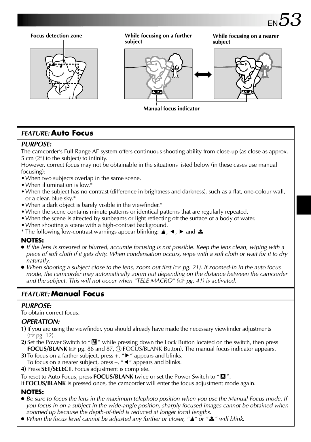 JVC GR-DVP3 specifications EN53, Feature Auto Focus, Feature Manual Focus, To obtain correct focus 