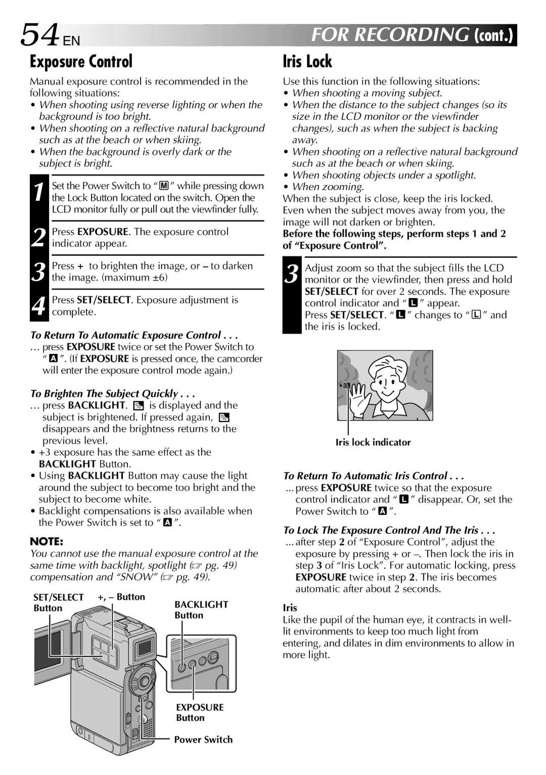 JVC GR-DVP3 specifications 54 EN, Exposure Control, Iris Lock 