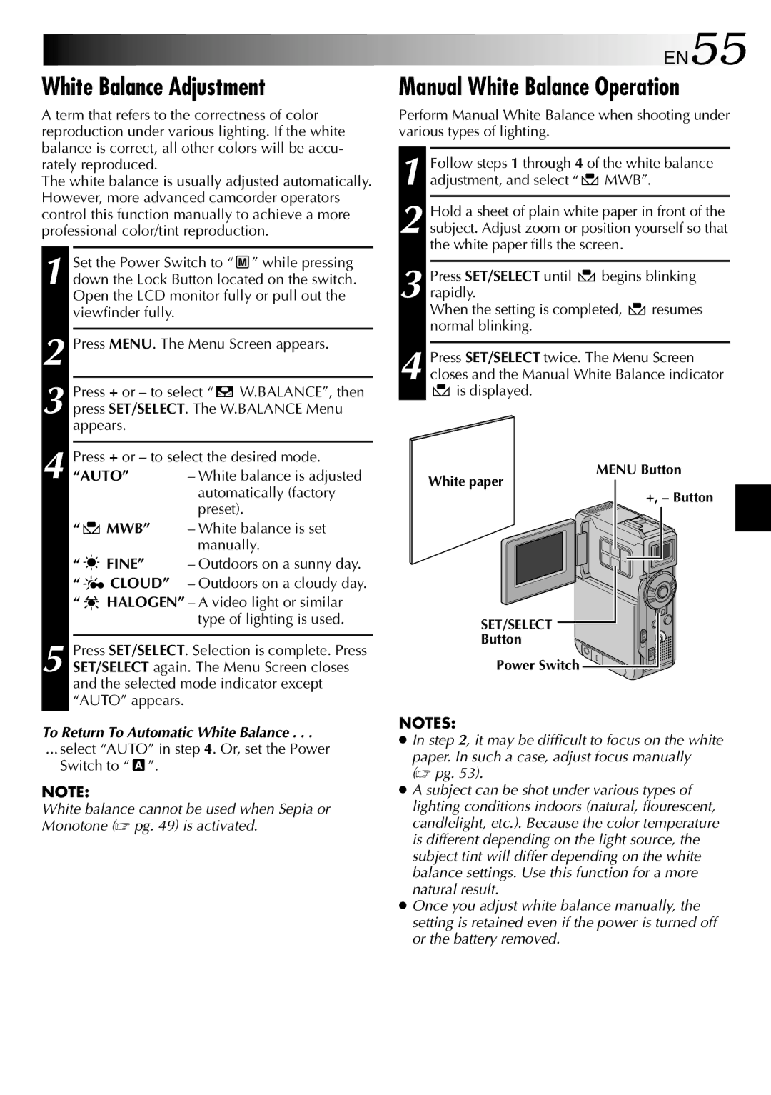 JVC GR-DVP3 White Balance Adjustment, Manual White Balance Operation, EN55, To Return To Automatic White Balance 