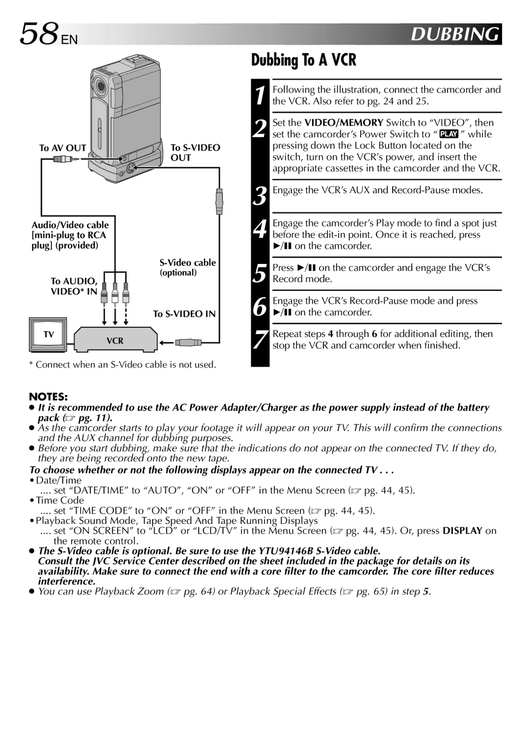 JVC GR-DVP3 specifications 58 EN, Dubbing To a VCR 