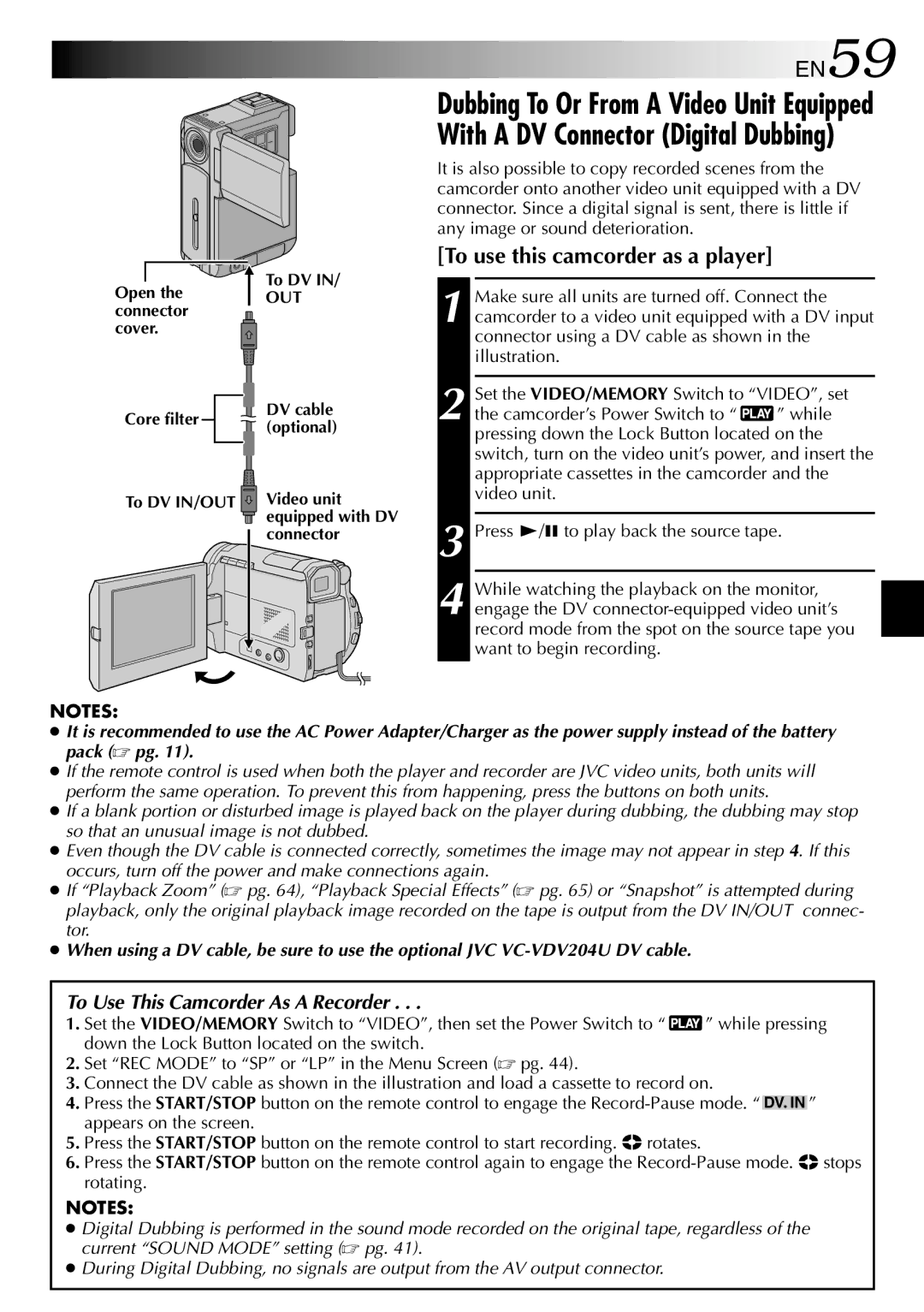 JVC GR-DVP3 specifications EN59, To use this camcorder as a player 