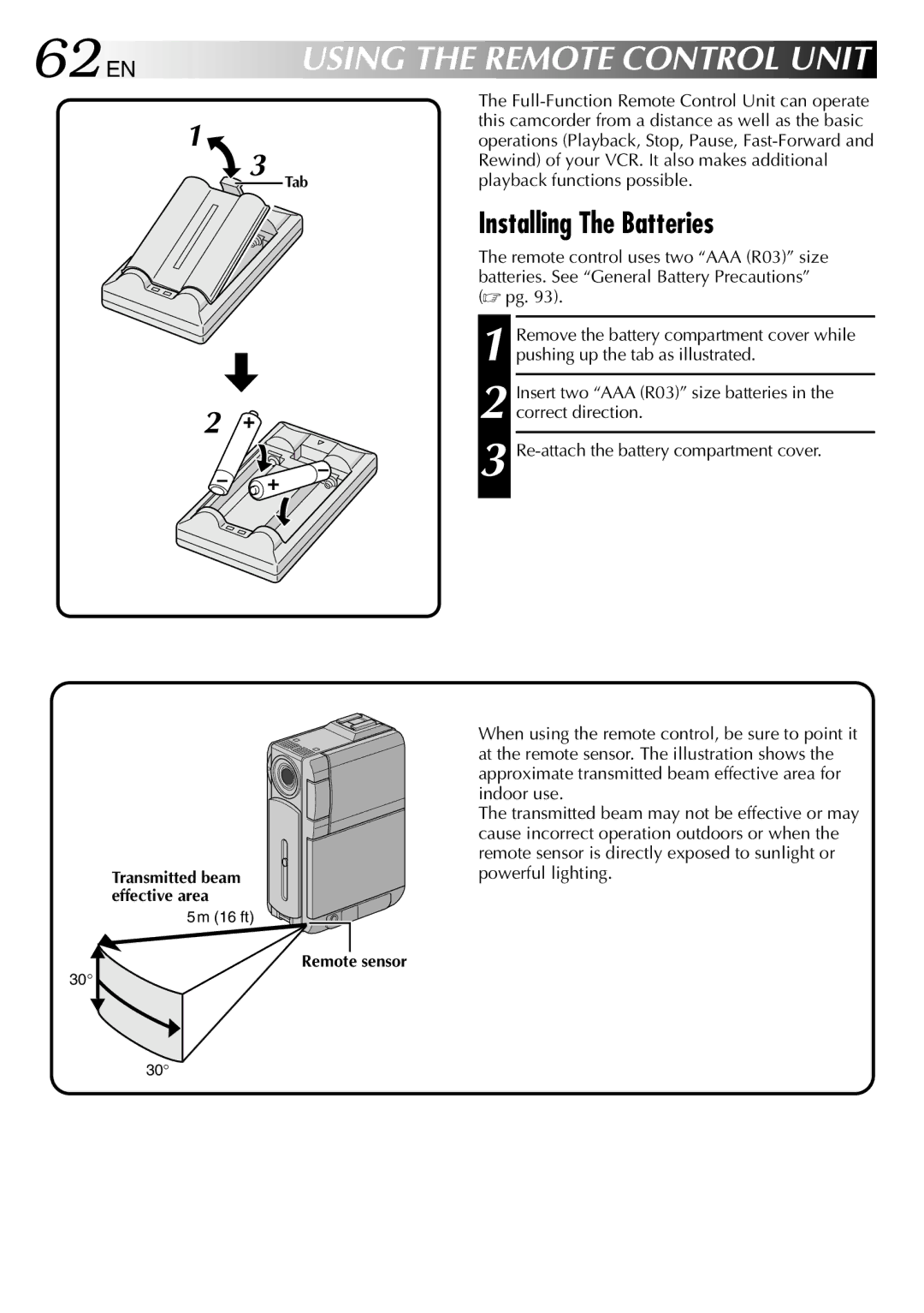 JVC GR-DVP3 specifications 62 EN, Installing The Batteries 