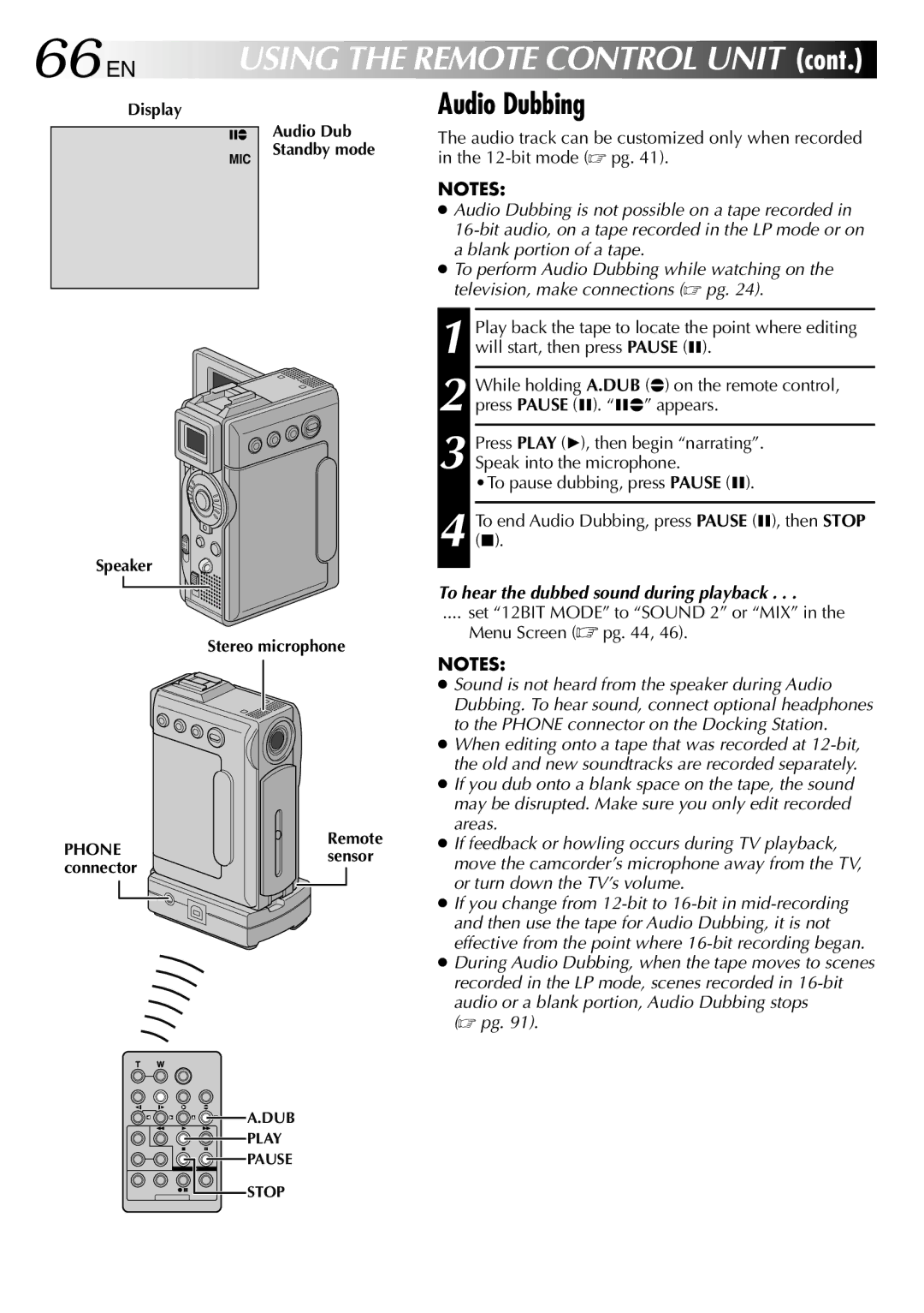 JVC GR-DVP3 specifications 66 EN, Audio Dubbing, To hear the dubbed sound during playback 