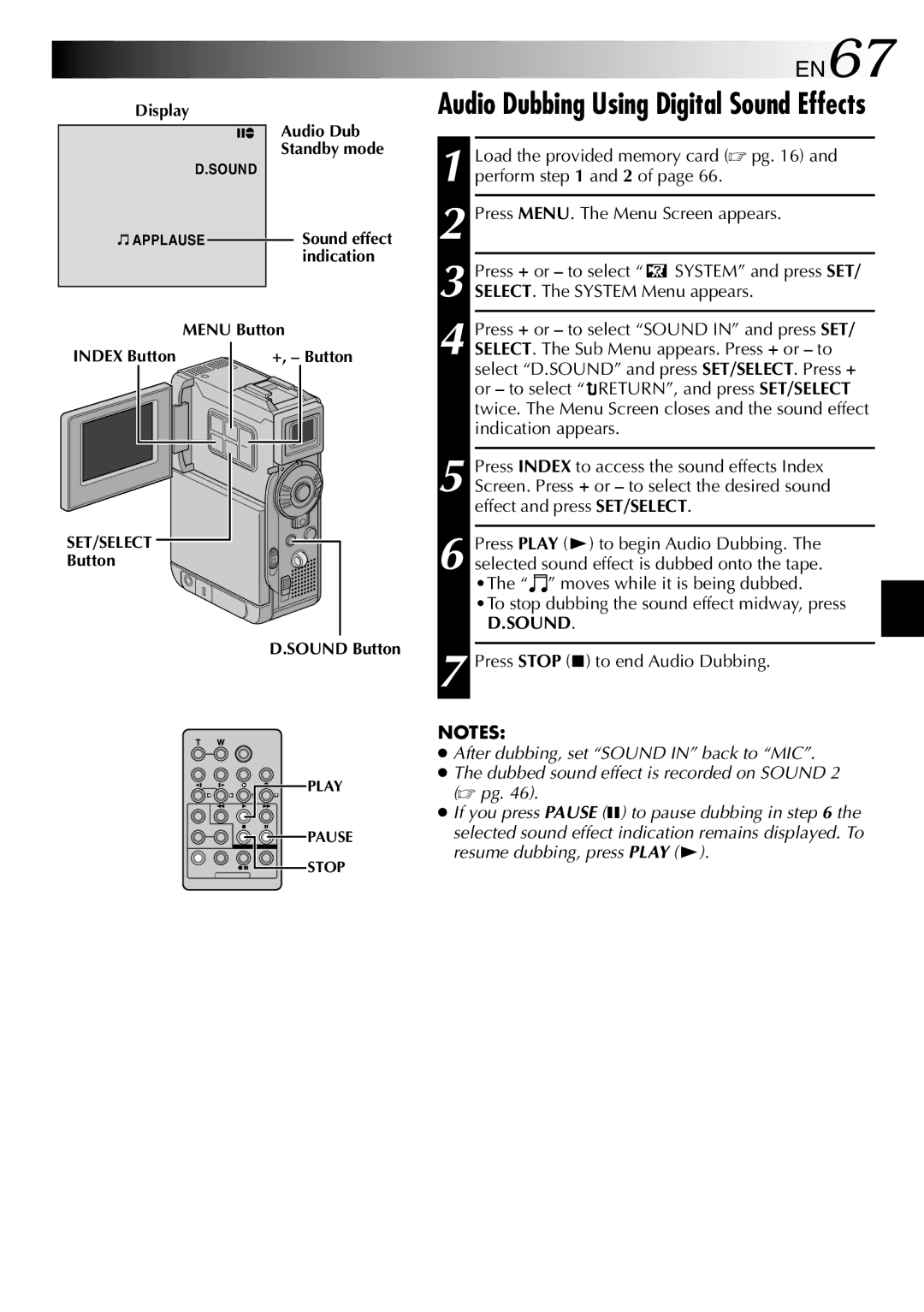 JVC GR-DVP3 specifications EN67, Audio Dubbing Using Digital Sound Effects 