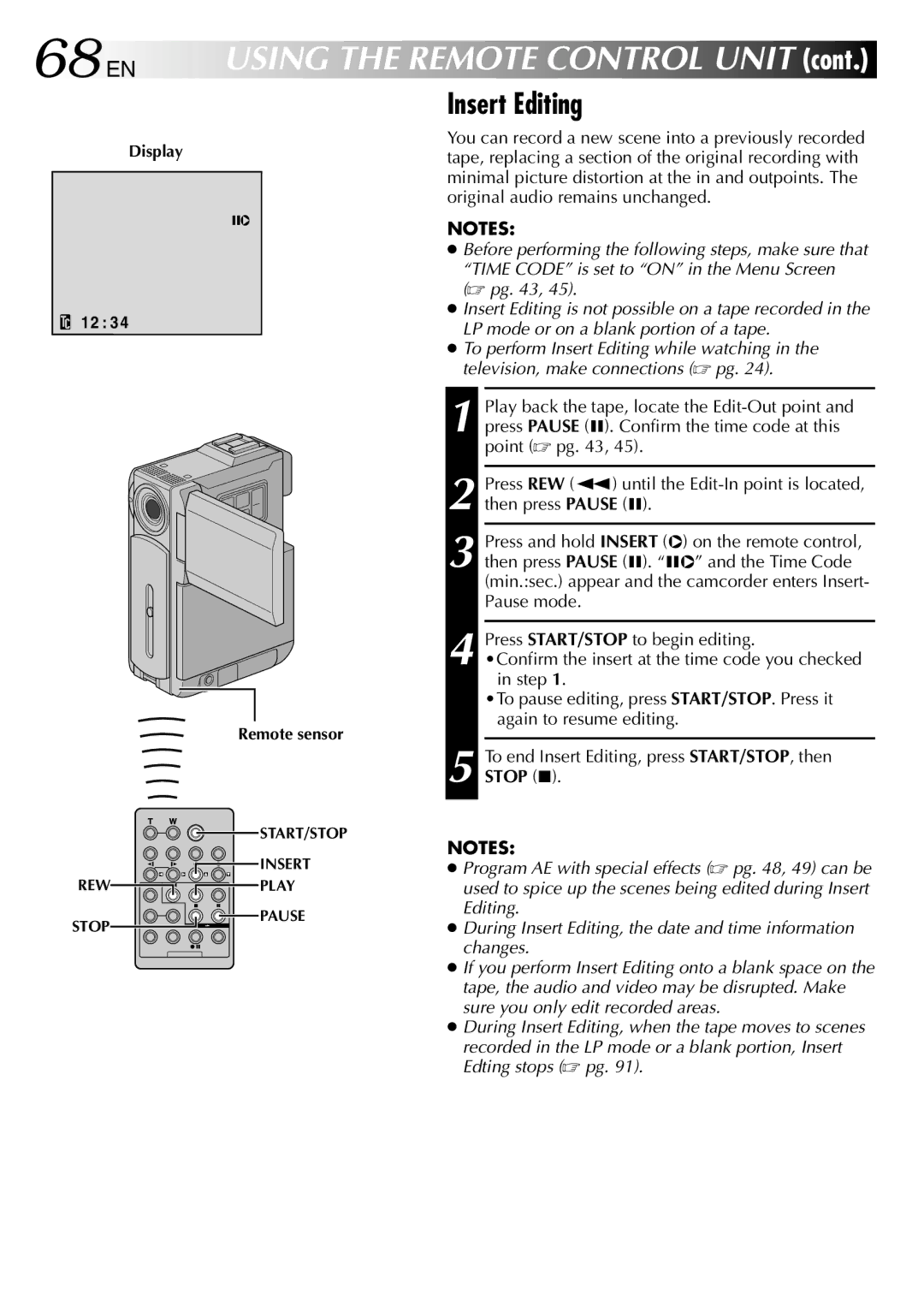 JVC GR-DVP3 specifications 68 EN, Insert Editing 