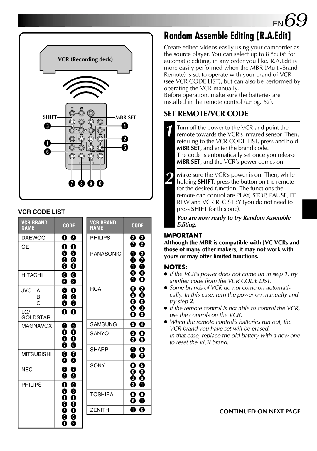 JVC GR-DVP3 specifications EN69, SET REMOTE/VCR Code 