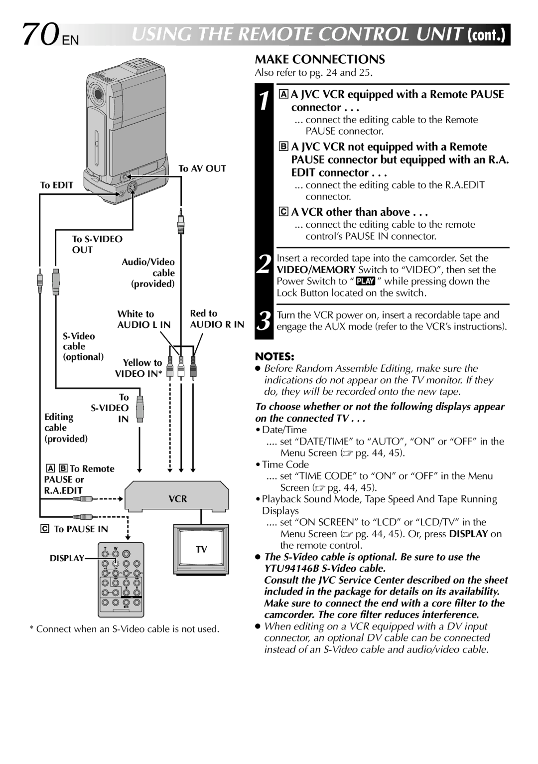 JVC GR-DVP3 specifications 70 EN, Make Connections, JVC VCR equipped with a Remote Pause connector, VCR other than above 