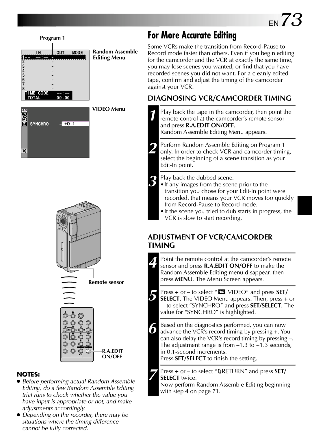 JVC GR-DVP3 For More Accurate Editing, EN73, Diagnosing VCR/CAMCORDER Timing, Adjustment of VCR/CAMCORDER Timing 