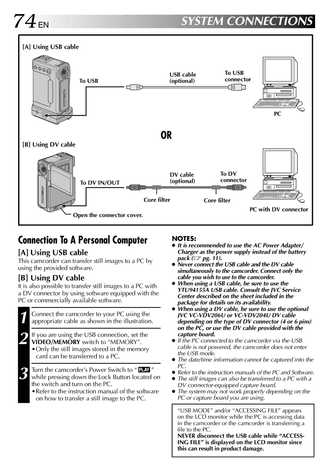 JVC GR-DVP3 specifications Using USB cable, Using DV cable 