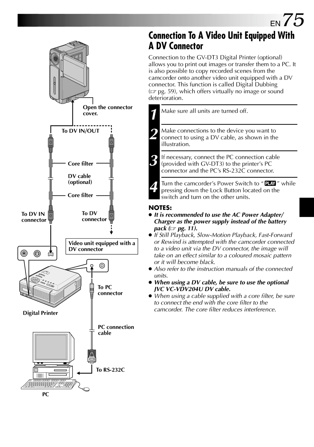 JVC GR-DVP3 specifications Connection To a Video Unit Equipped With a DV Connector, EN75 