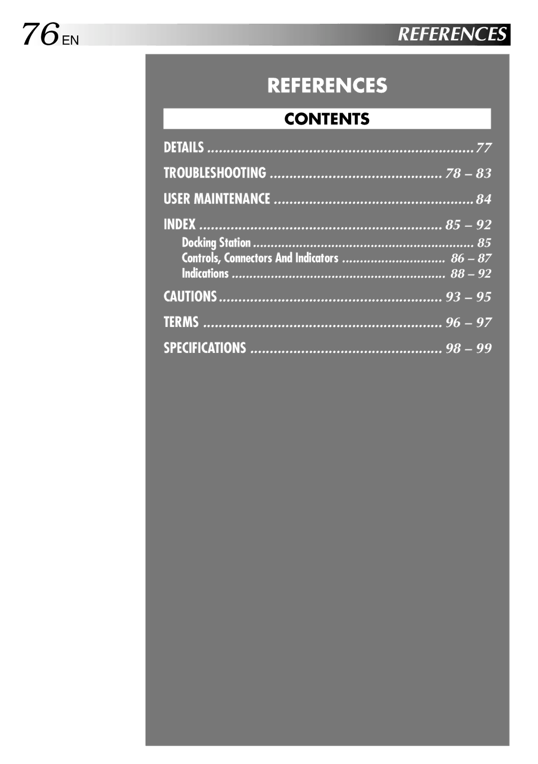 JVC GR-DVP3 specifications 76 EN, References 