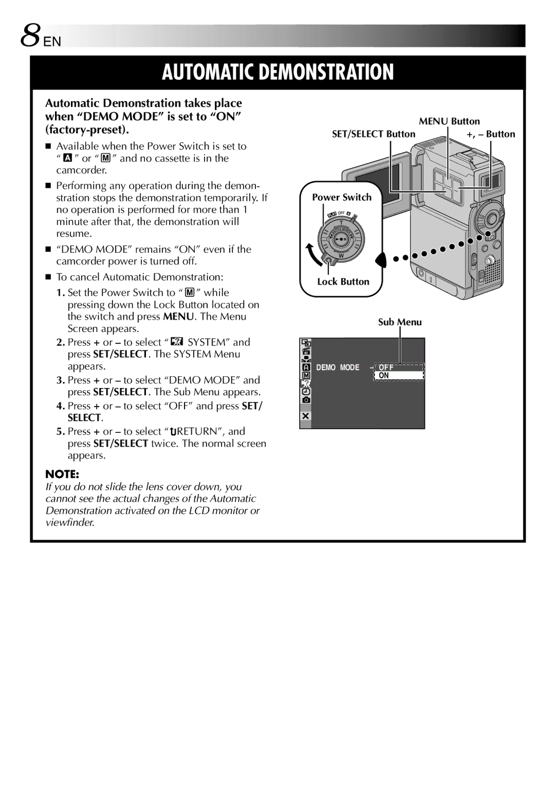 JVC GR-DVP3 specifications Press + or to select OFF and press SET, Select 